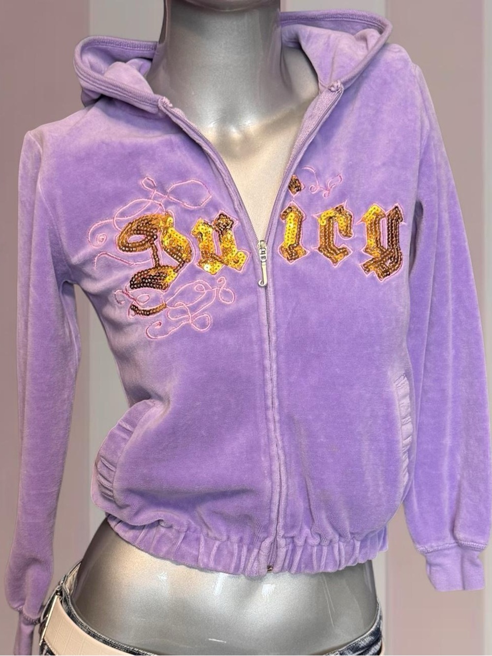 Juicy Couture Y2K Lilac Purple Velour Gold-Sequin Zip Hoodie
